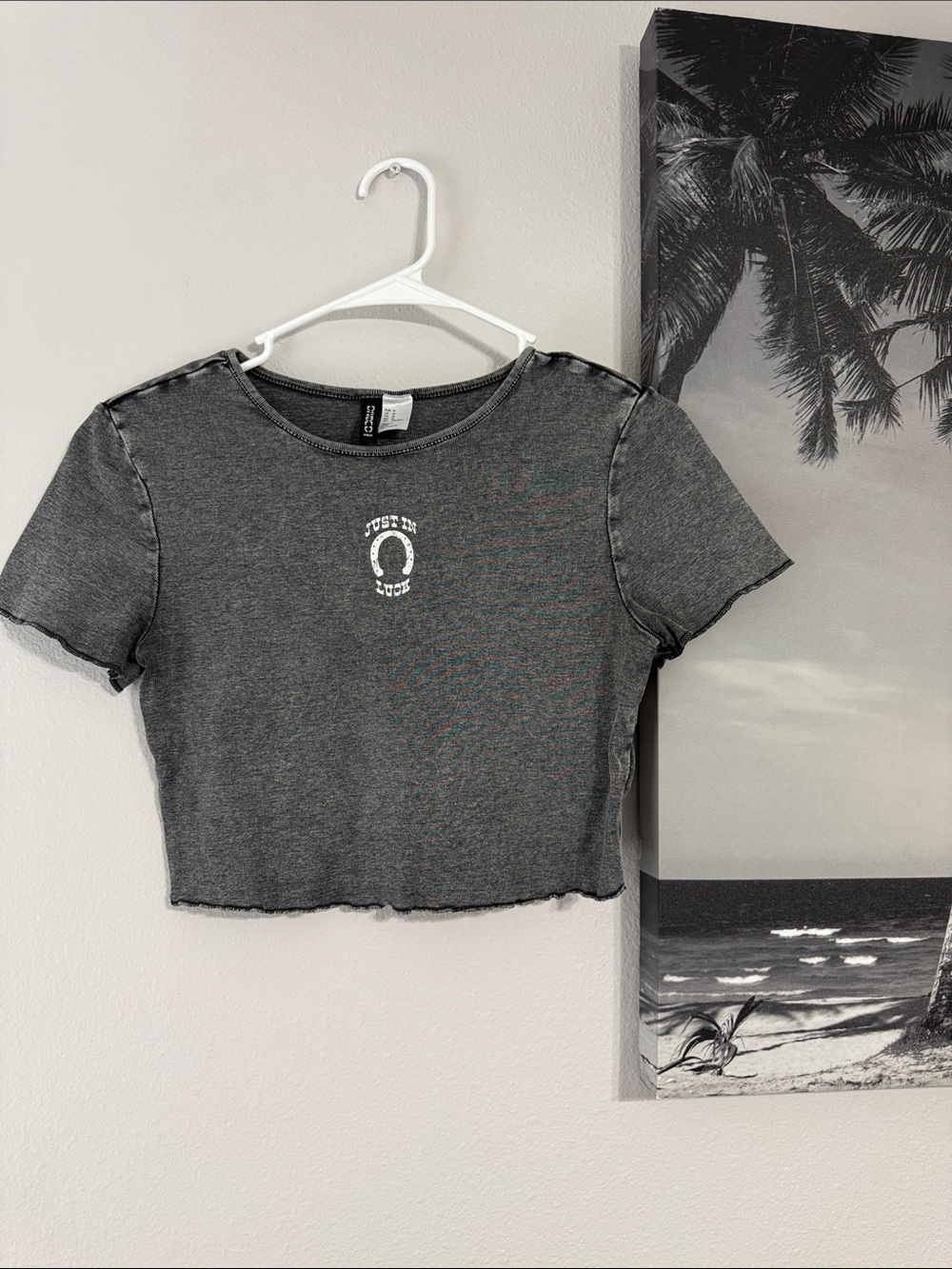 Divided H & M Washed Black Cropped Graphic Tee “Just In Luck”
